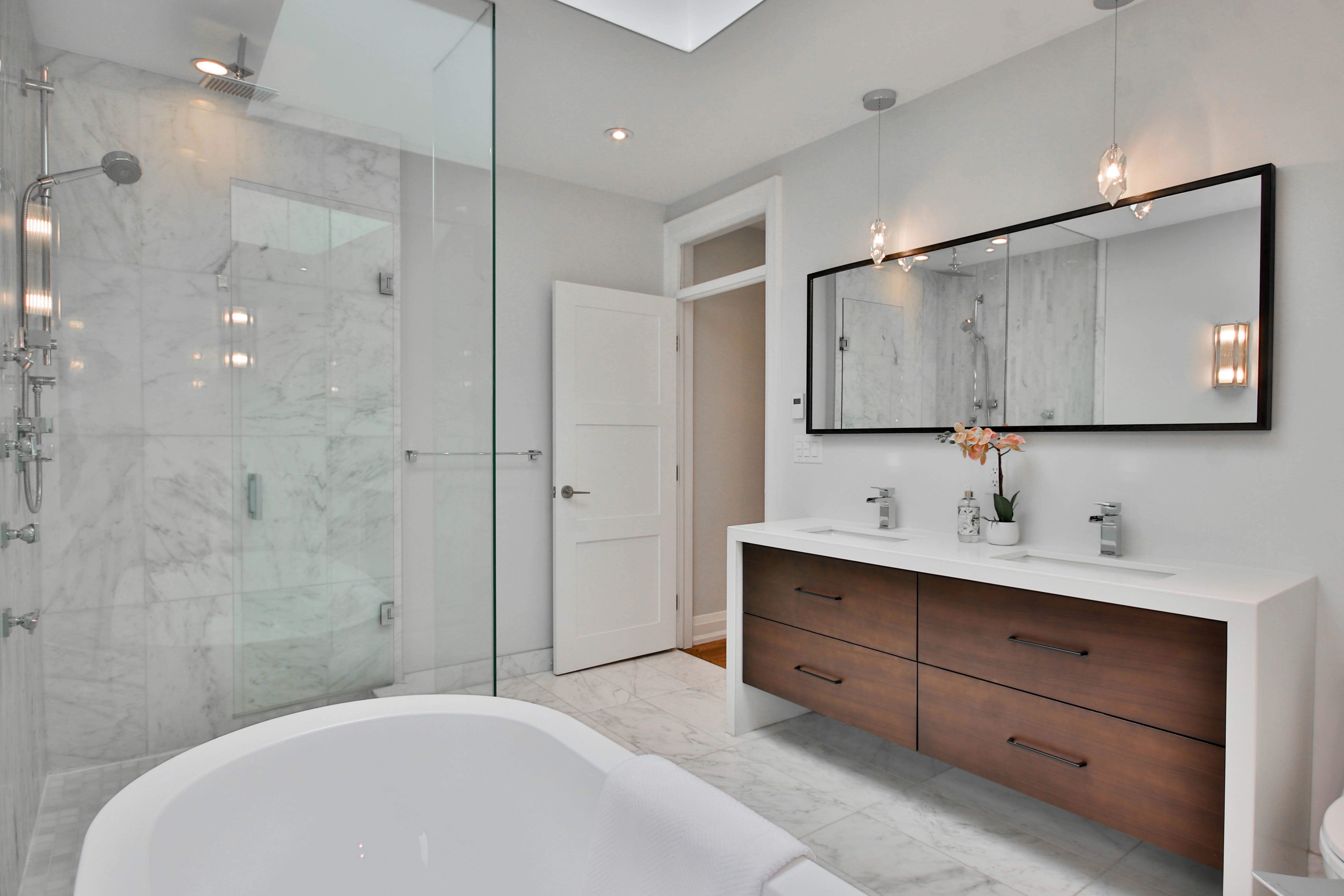 Bright, marble-tiled bathroom cleaned by SoulClean, Burleigh Heads